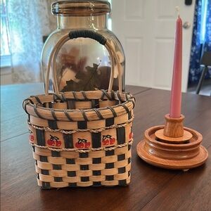 Handcrafted Woven Hanging Basket with Cherry Accents